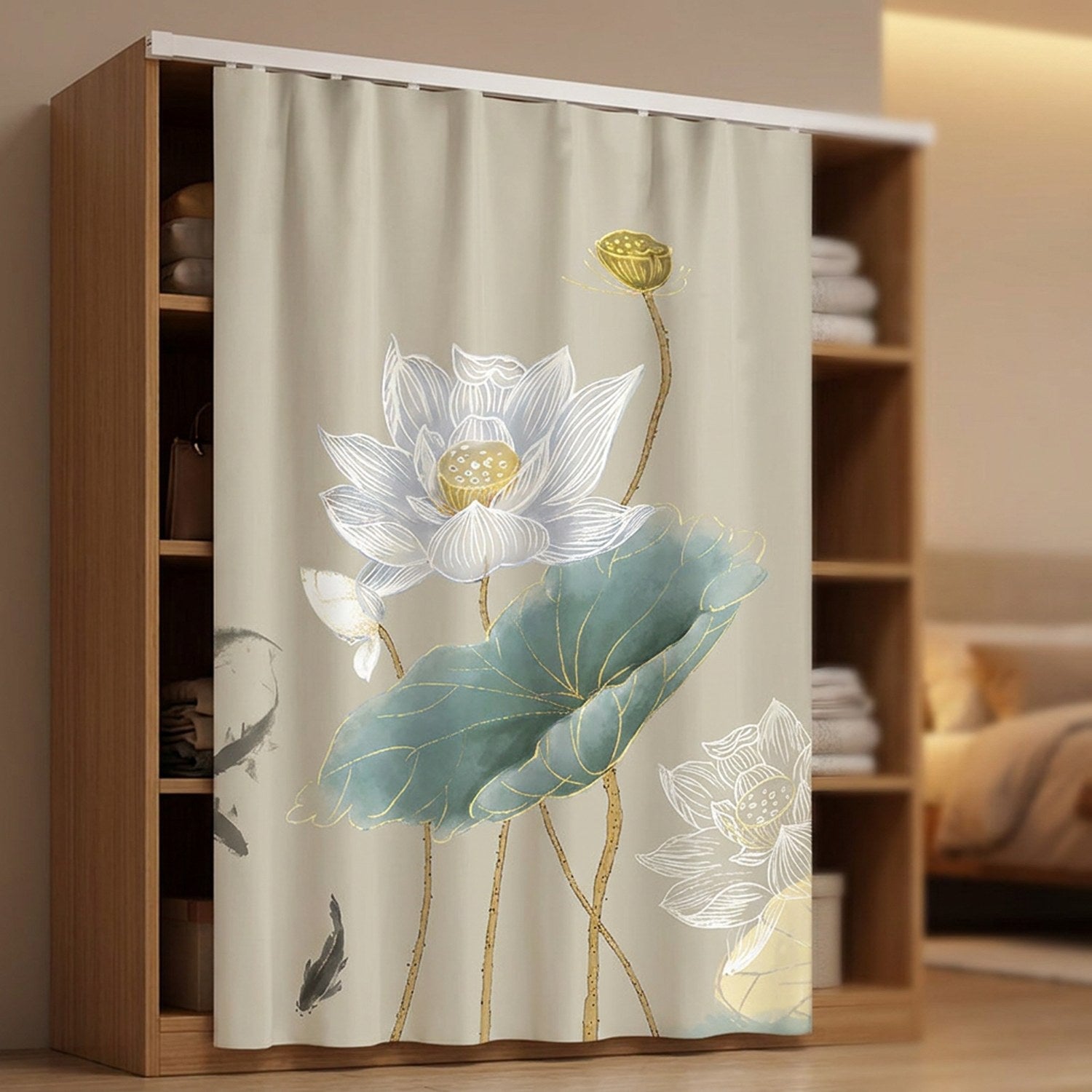 Rideau de porte motif lotus élégant suspendu sur son rail