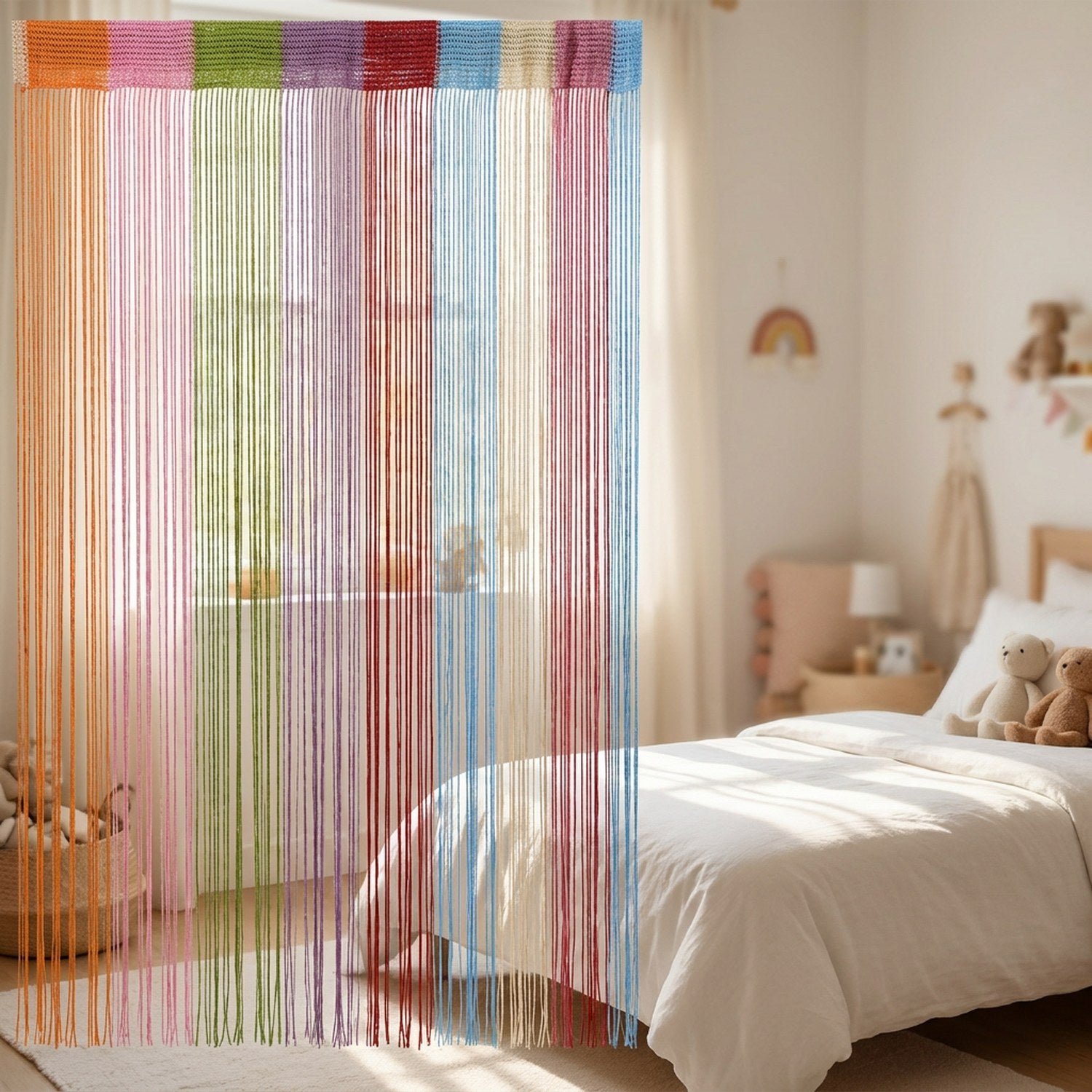 Rideau à fils multicolore devant une fenêtre de chambre d'enfant lumineuse