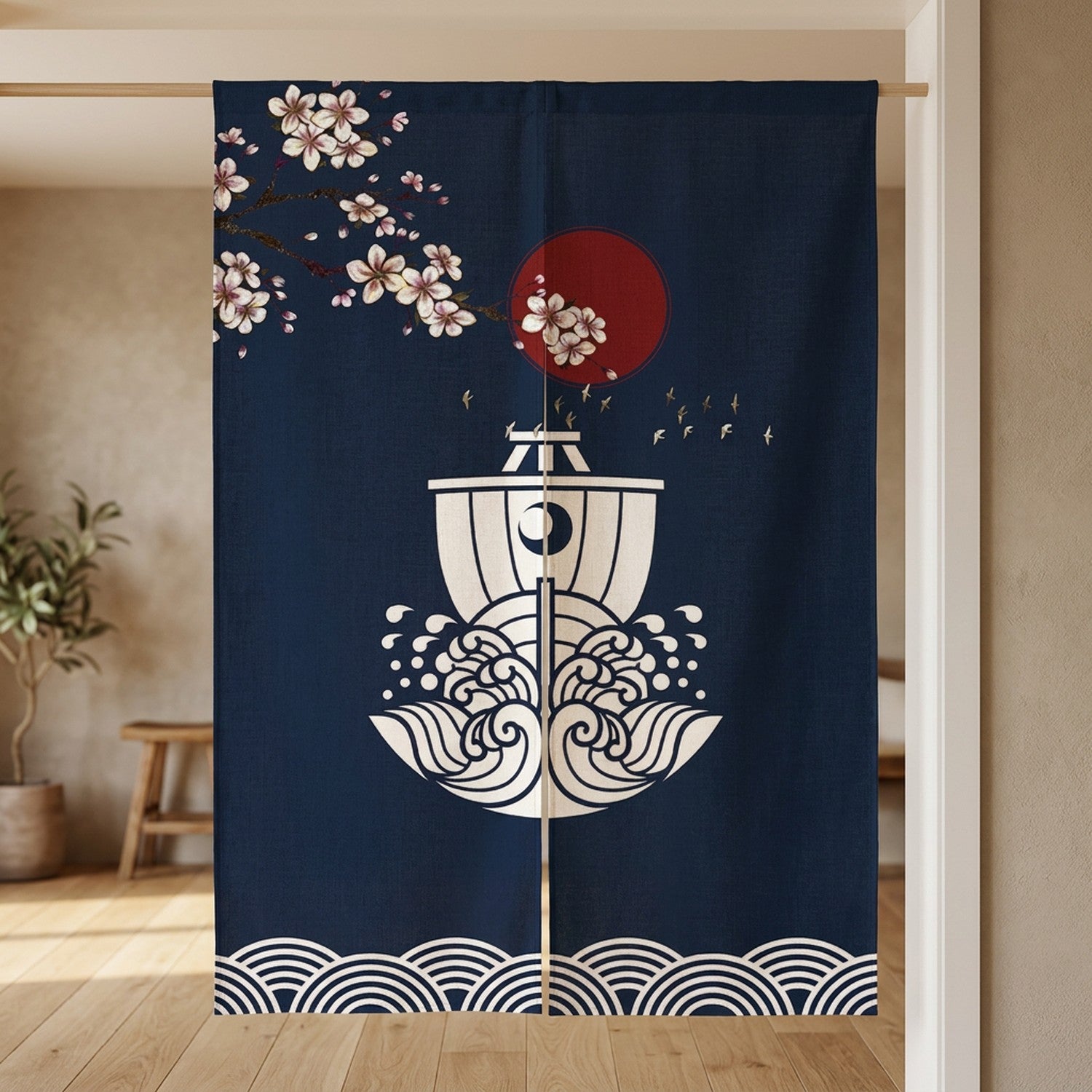 Rideau de porte japonais motif bateau porte-bonheur et soleil rouge