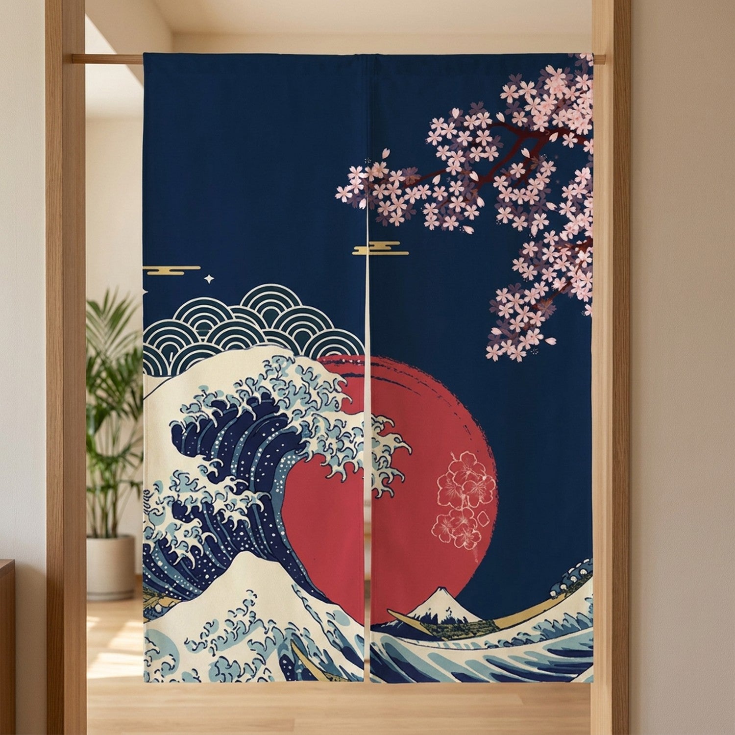 Rideau de porte japonais en lin imprimé motif grande vague suspendu dans une entrée lumineuse
