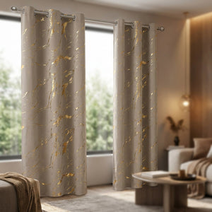 Rideau occultant motif marbre beige et or