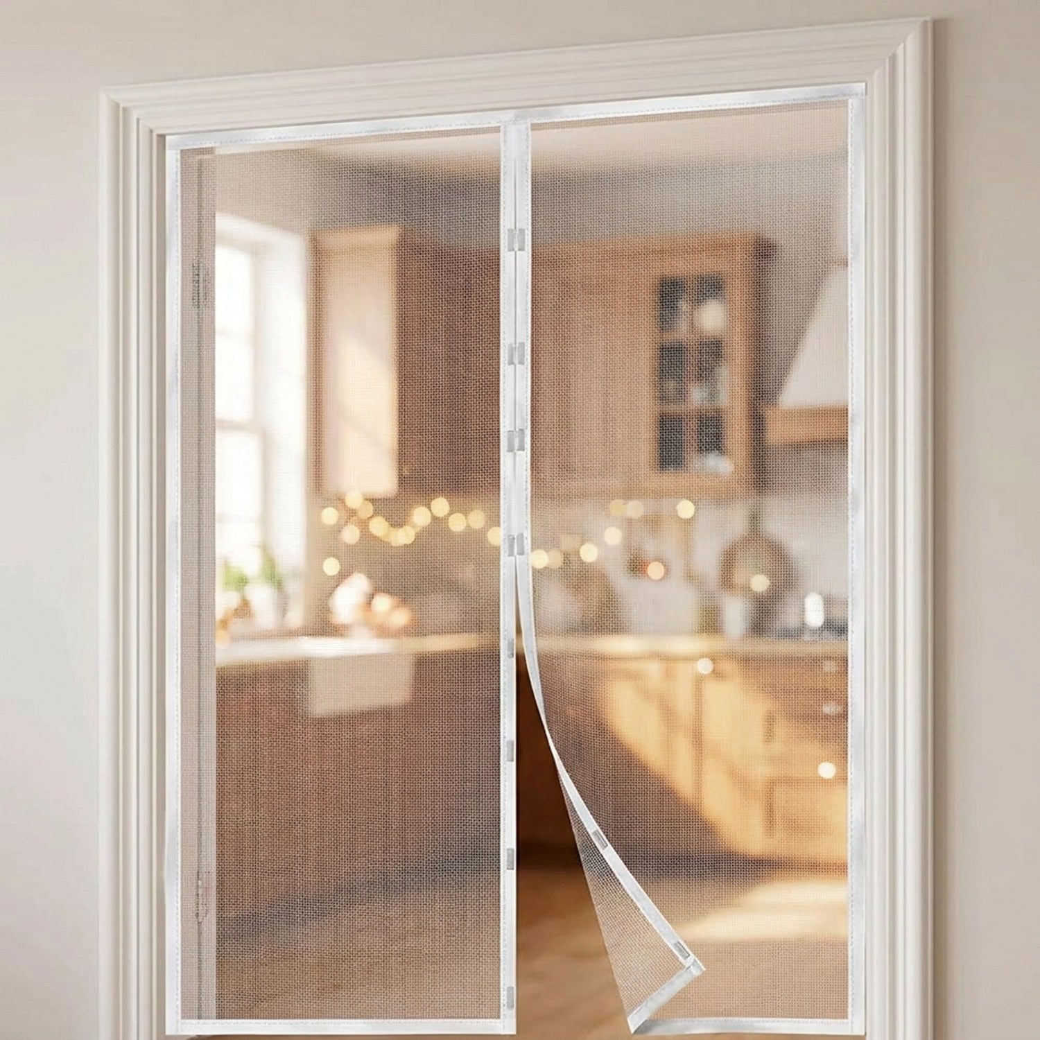 Rideau moustiquaire blanc à fermeture magnétique suspendu dans l'embrasure d'une porte de cuisine lumineuse