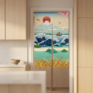 Rideau de porte japonais noren accroché à l'entrée d'une cuisine moderne aux tons bois clair