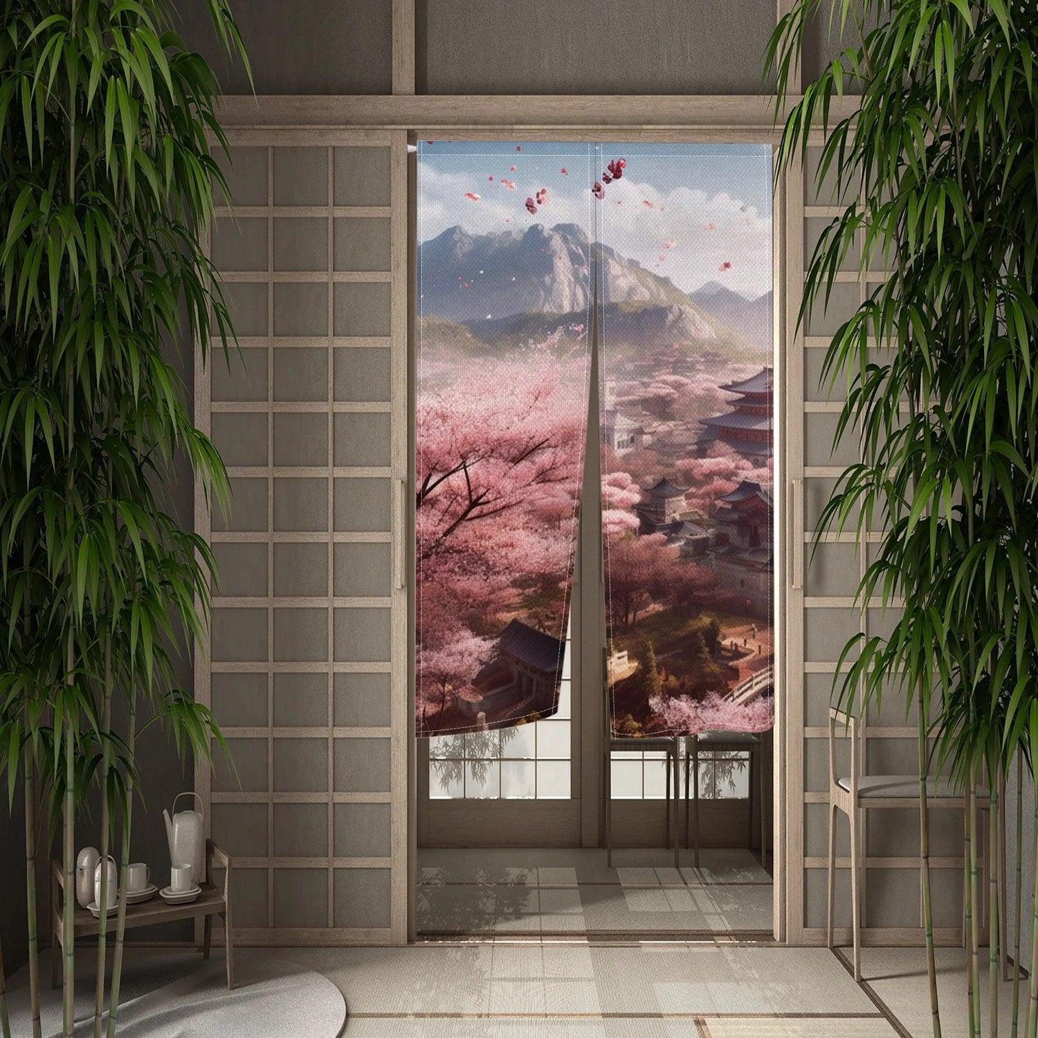 Rideau de porte noren motif village japonais entouré de cerisiers en fleurs vu de face