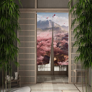 Rideau de porte noren motif village japonais entouré de cerisiers en fleurs vu de face
