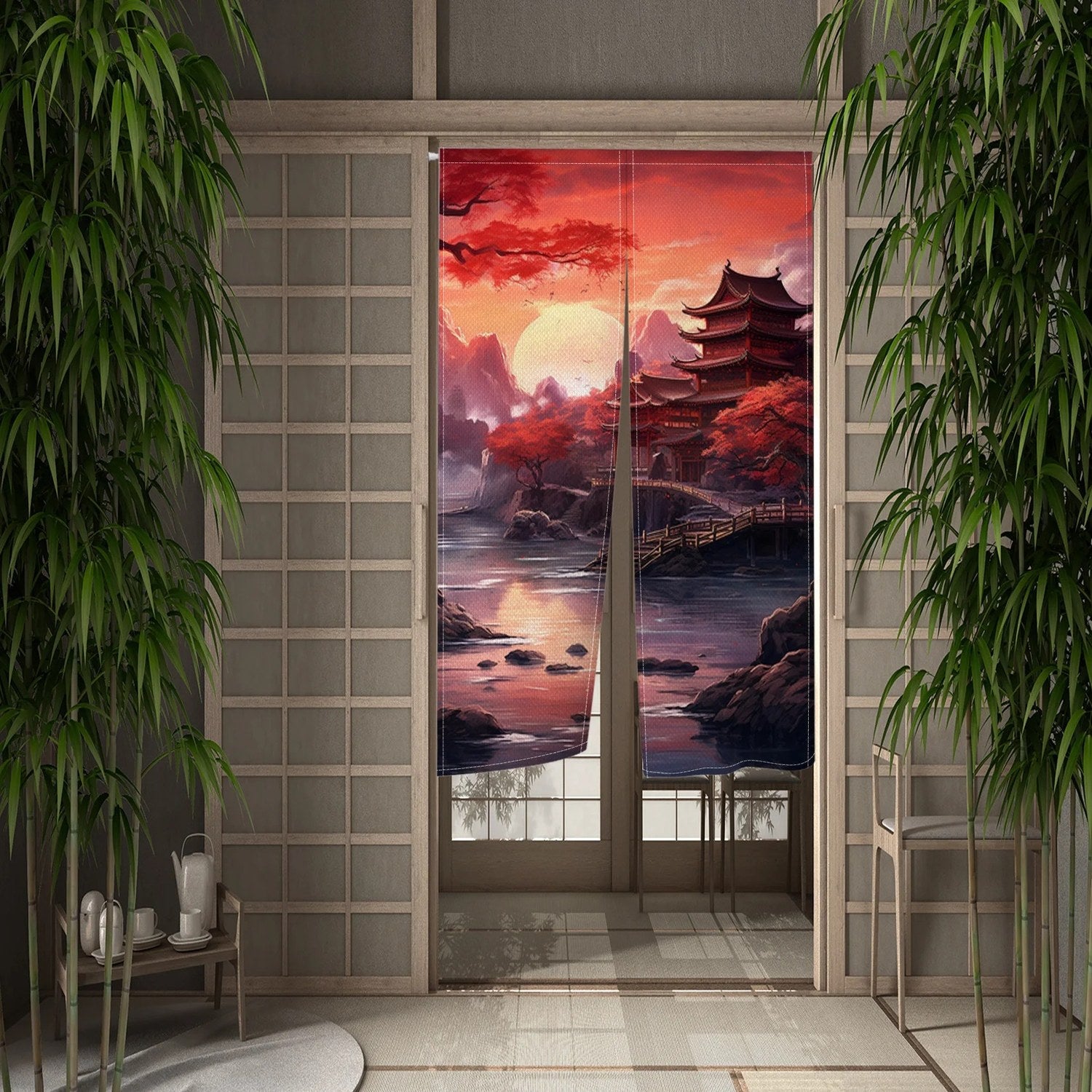 Rideau de porte noren motif pagode japonaise au coucher du soleil rouge vu de face