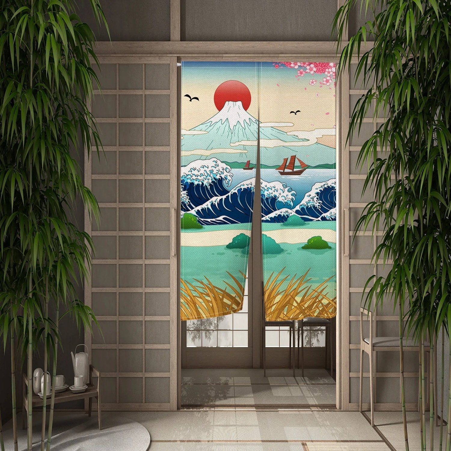 Rideau de porte noren motif grande vague japonaise stylisée avec le mont Fuji vu de face