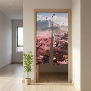 Rideau de porte japonais noren motif village japonais et cerisiers en fleurs suspendu dans une entrée