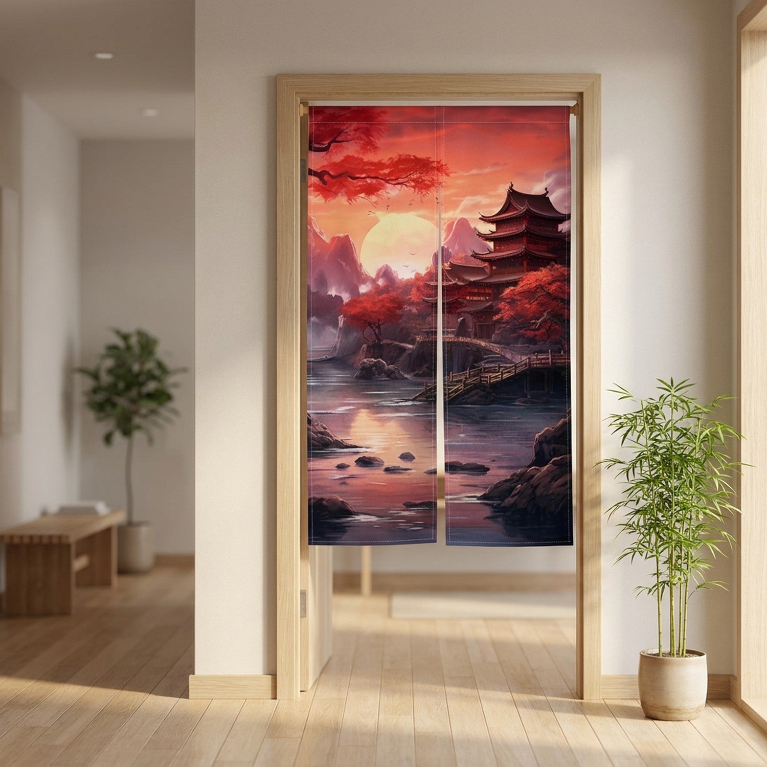 Rideau de porte japonais noren motif pagode au coucher du soleil suspendu dans une entrée