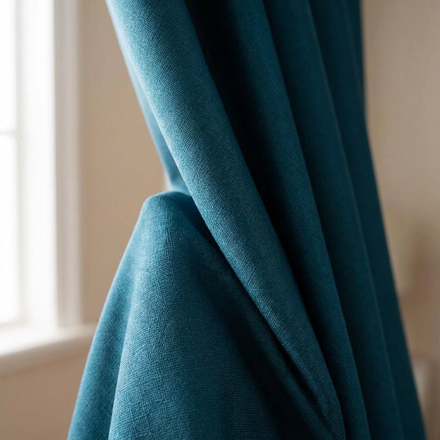 Détail du tissu tissé bleu canard drapé en plis devant une fenêtre