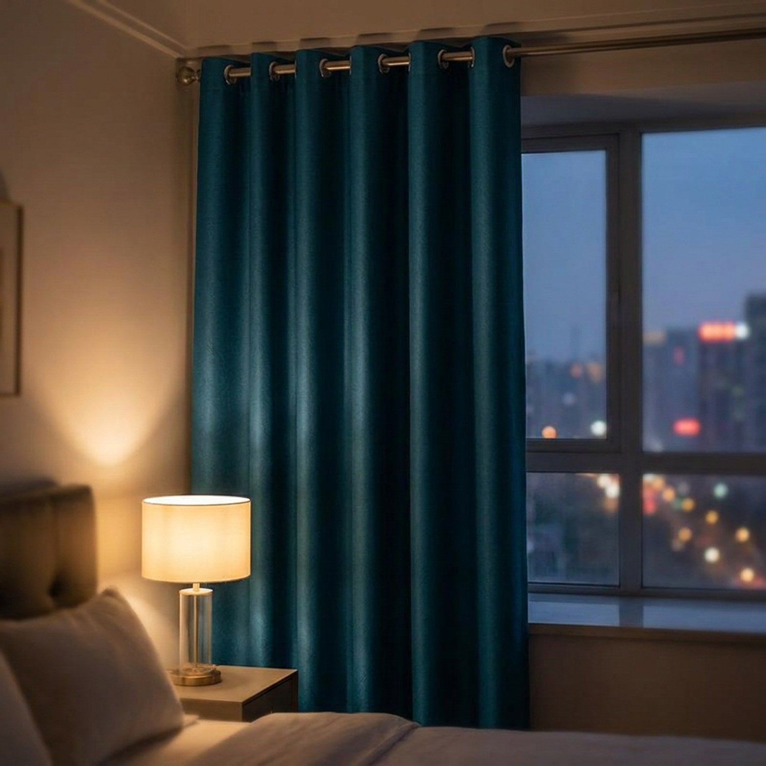 Rideau occultant bleu canard dans une chambre la nuit avec lampe de chevet