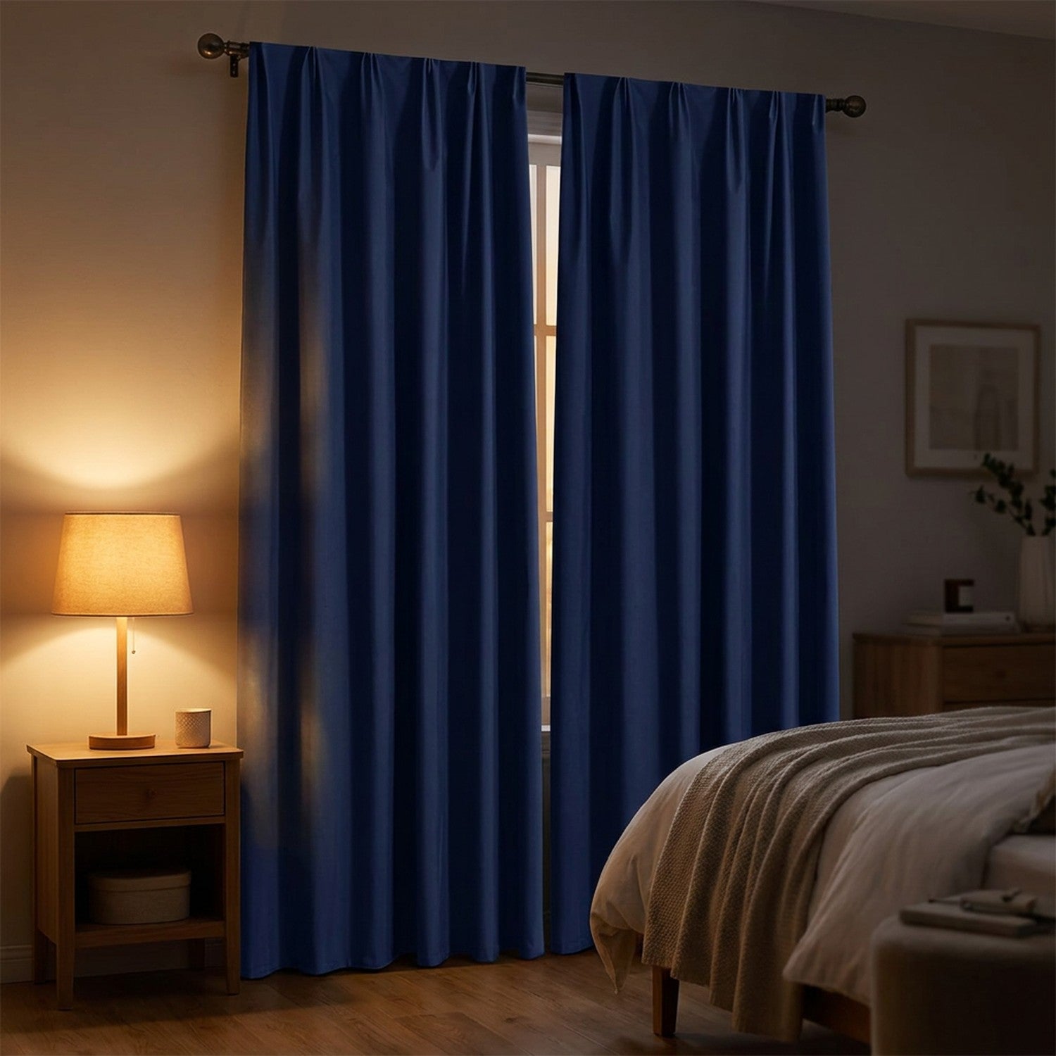 Rideau occultant bleu marine dans une chambre à la tombée de la nuit avec lampe de chevet