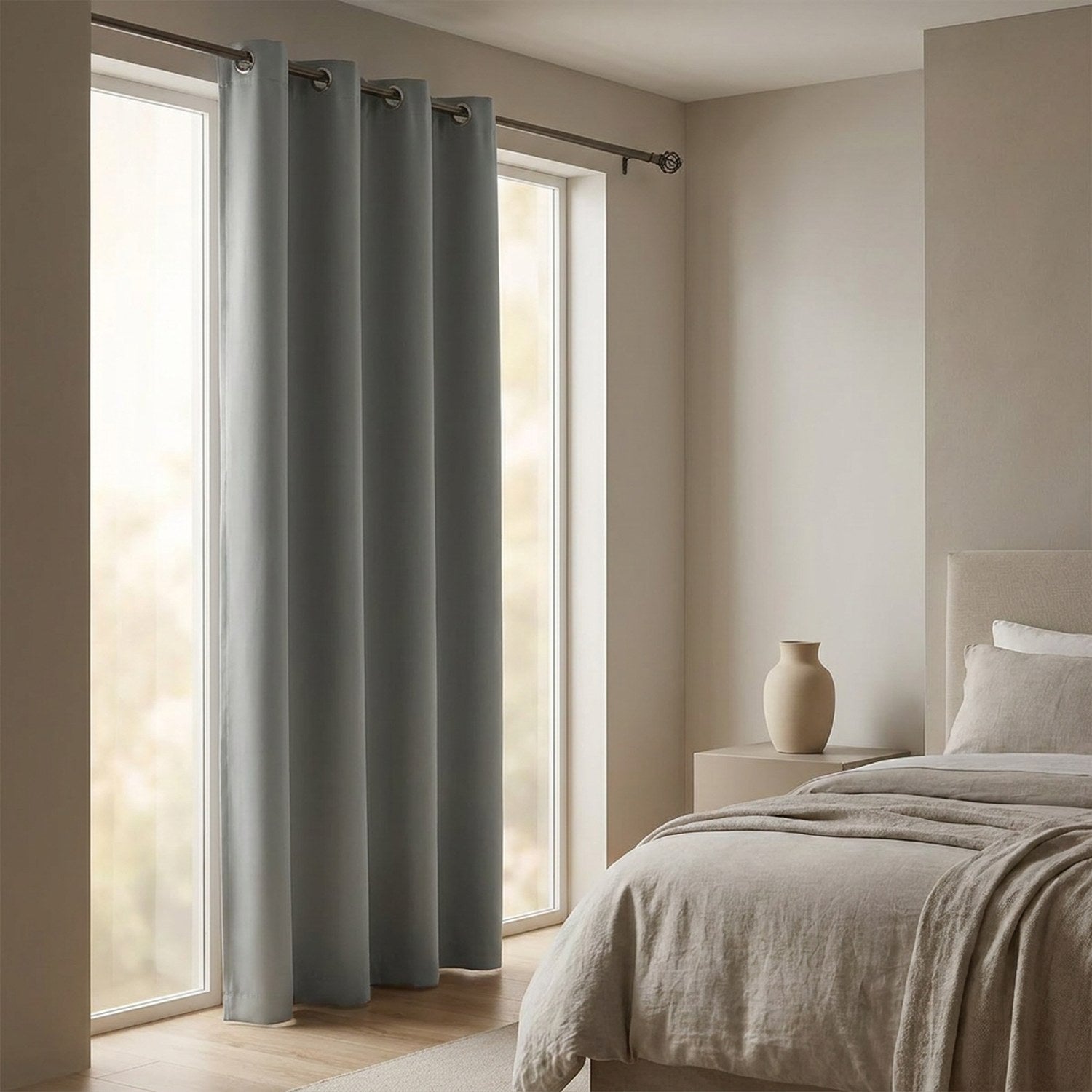 Rideau occultant gris à œillets suspendu dans une chambre contemporaine