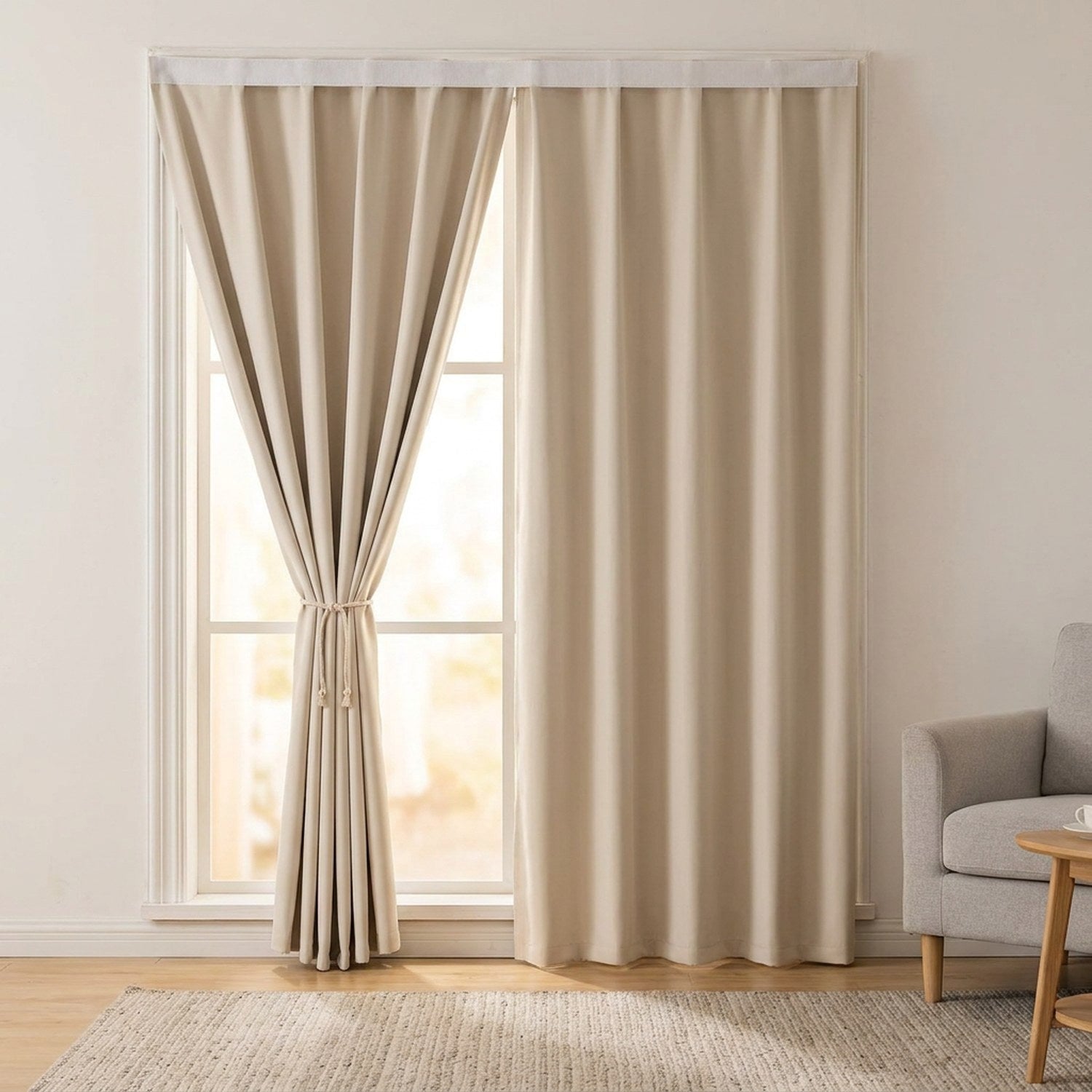 Rideau occultant beige dans un salon moderne avec fauteuil