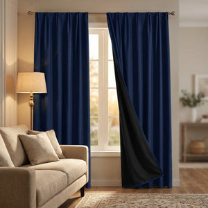 Rideau occultant bleu marine dans un salon avec doublure noire visible