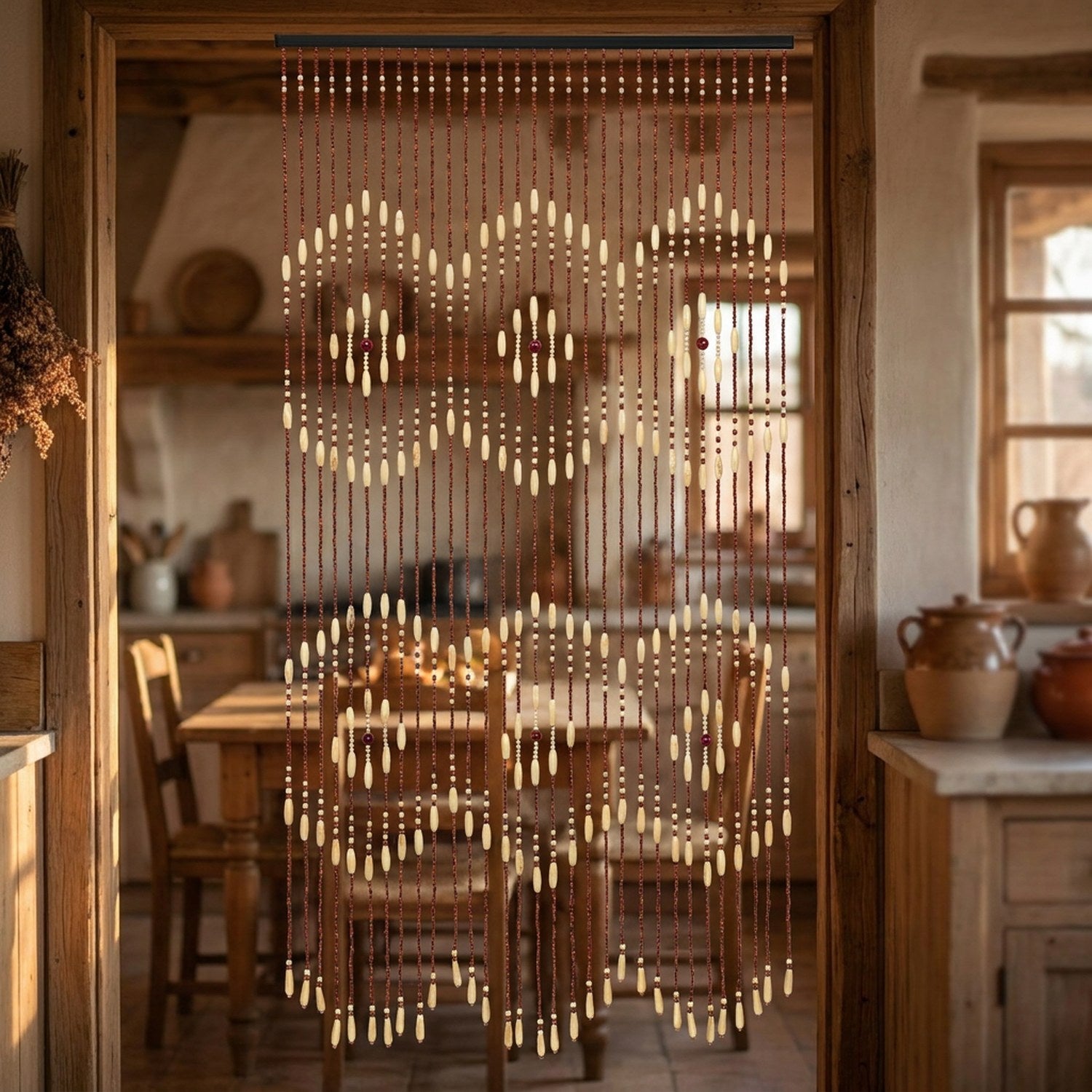 Rideau de perles en bois séparant une cuisine et une salle à manger rustique