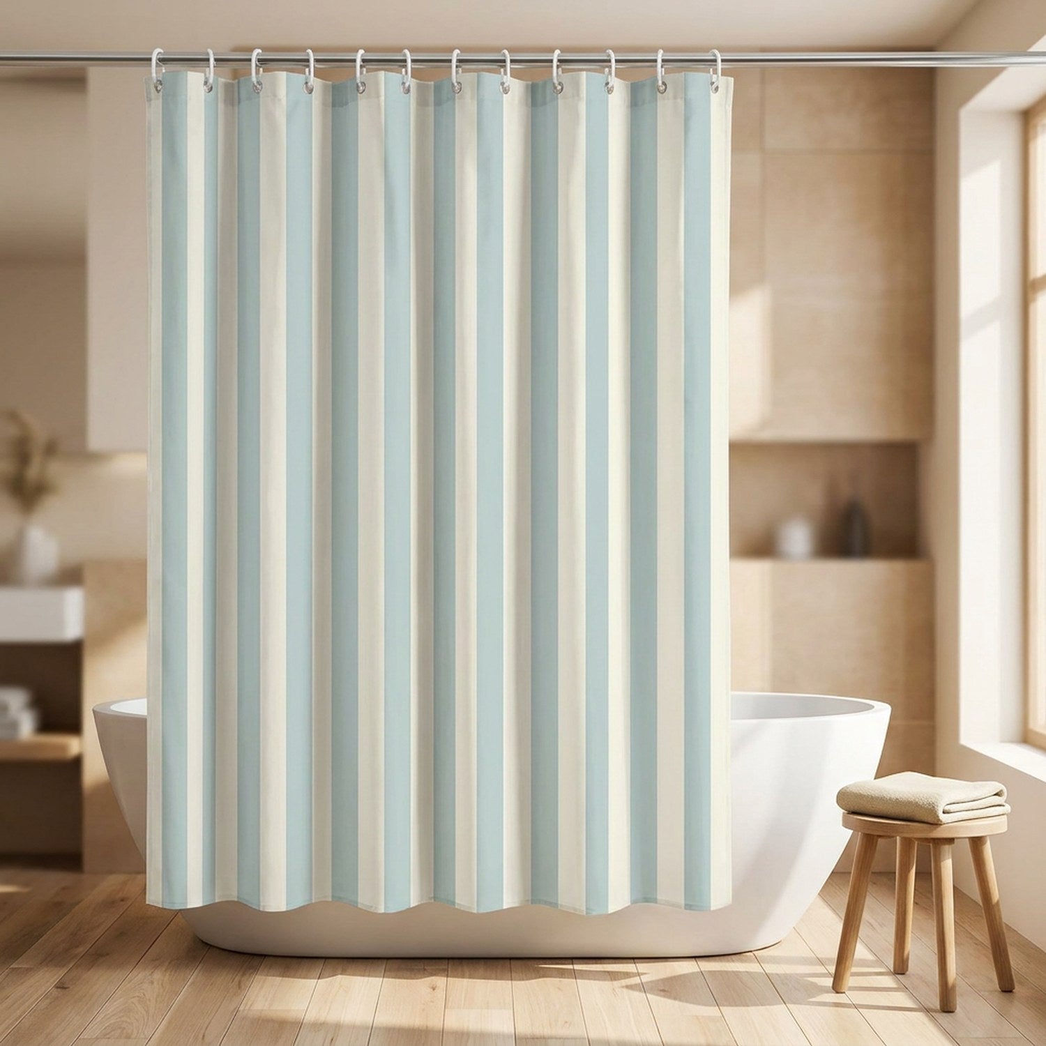 Rideau de douche rayé bleu clair et blanc suspendu dans une salle de bain lumineuse