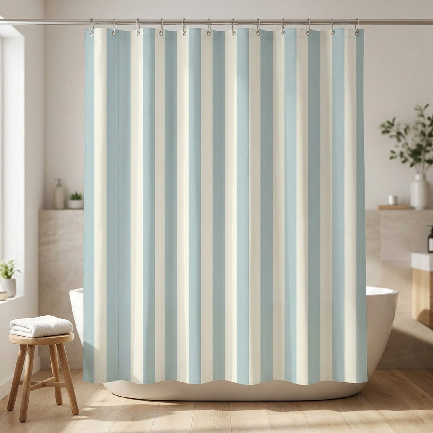 Rideau de douche rayé bleu clair suspendu dans une salle de bain