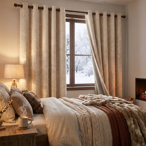 Rideau thermique occultant chevrons dans une chambre cosy en hiver
