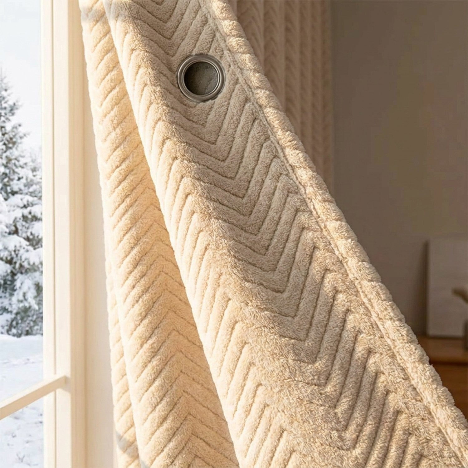 Gros plan sur la texture matelassée chevrons et l'oeillet du rideau thermique