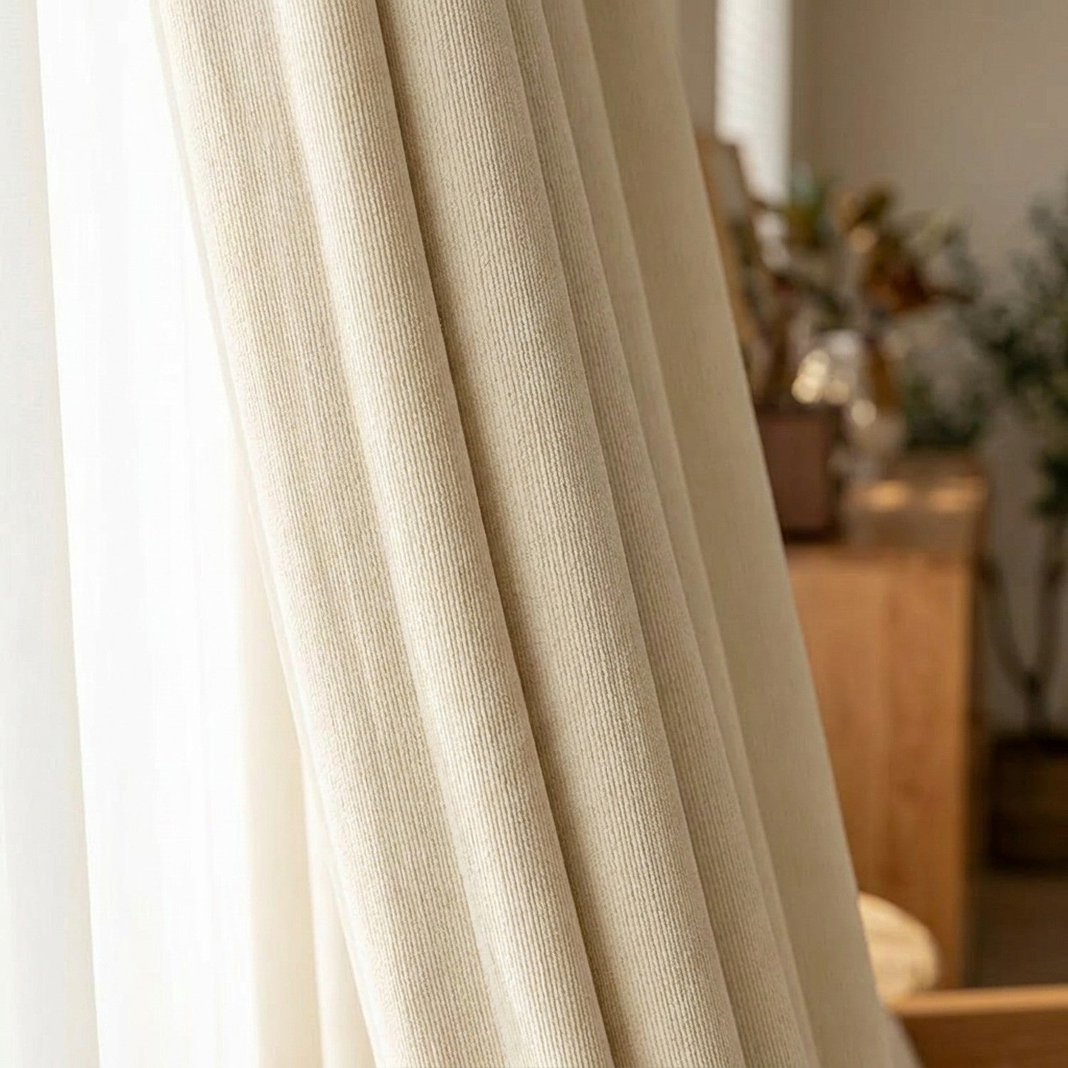Gros plan sur la texture côtelée d'un rideau en velours chenille crème