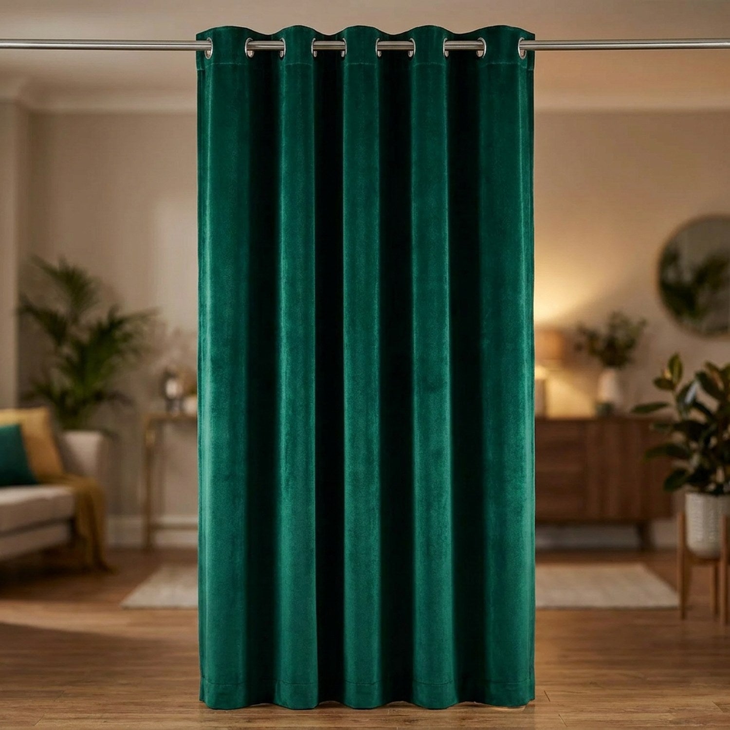 Rideau en velours vert émeraude suspendu à une tringle avec œillets métalliques