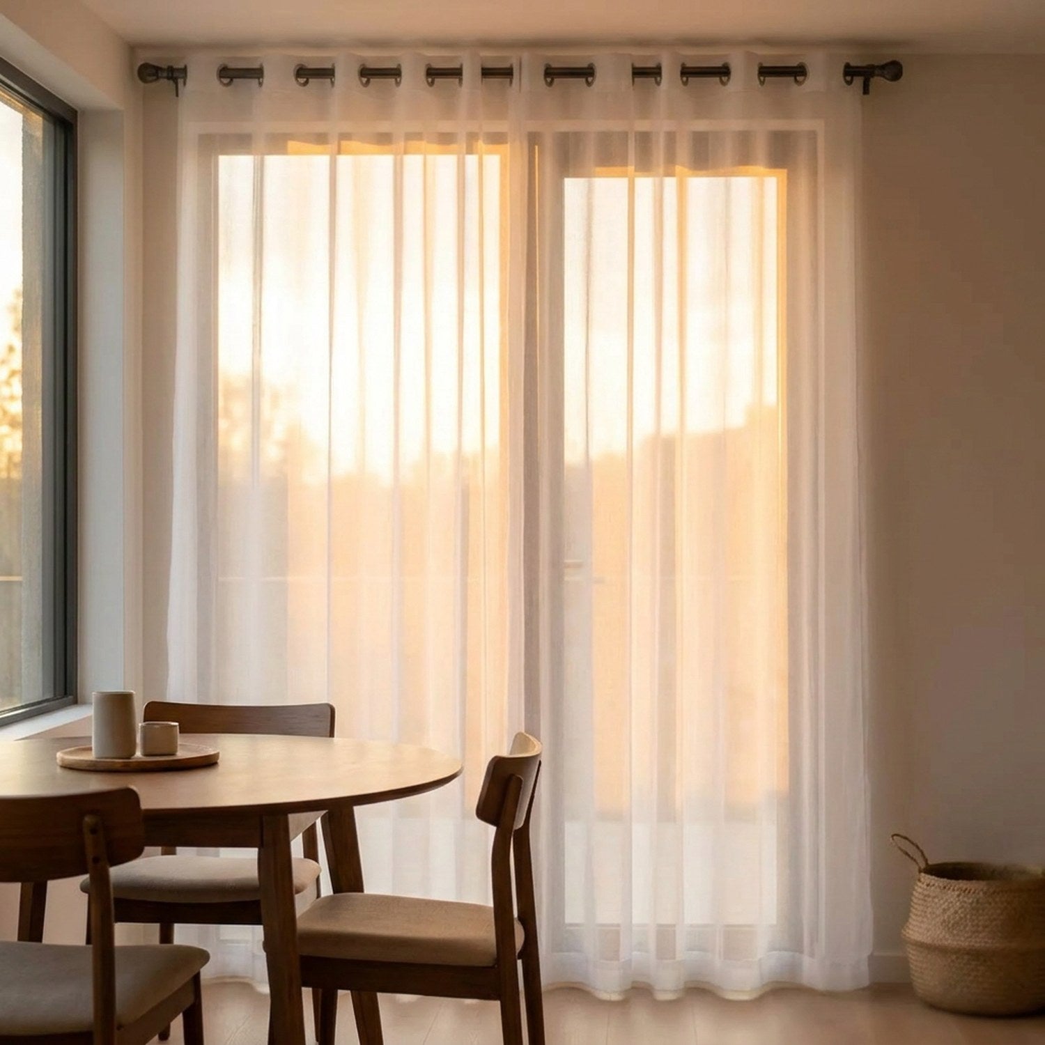 Rideau voilage blanc filtrant une lumière dorée de fin de journée dans un coin repas