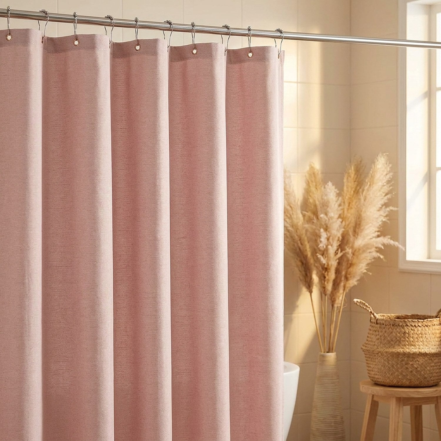 Rideau de douche aspect lin rose poudré dans une salle de bain douce