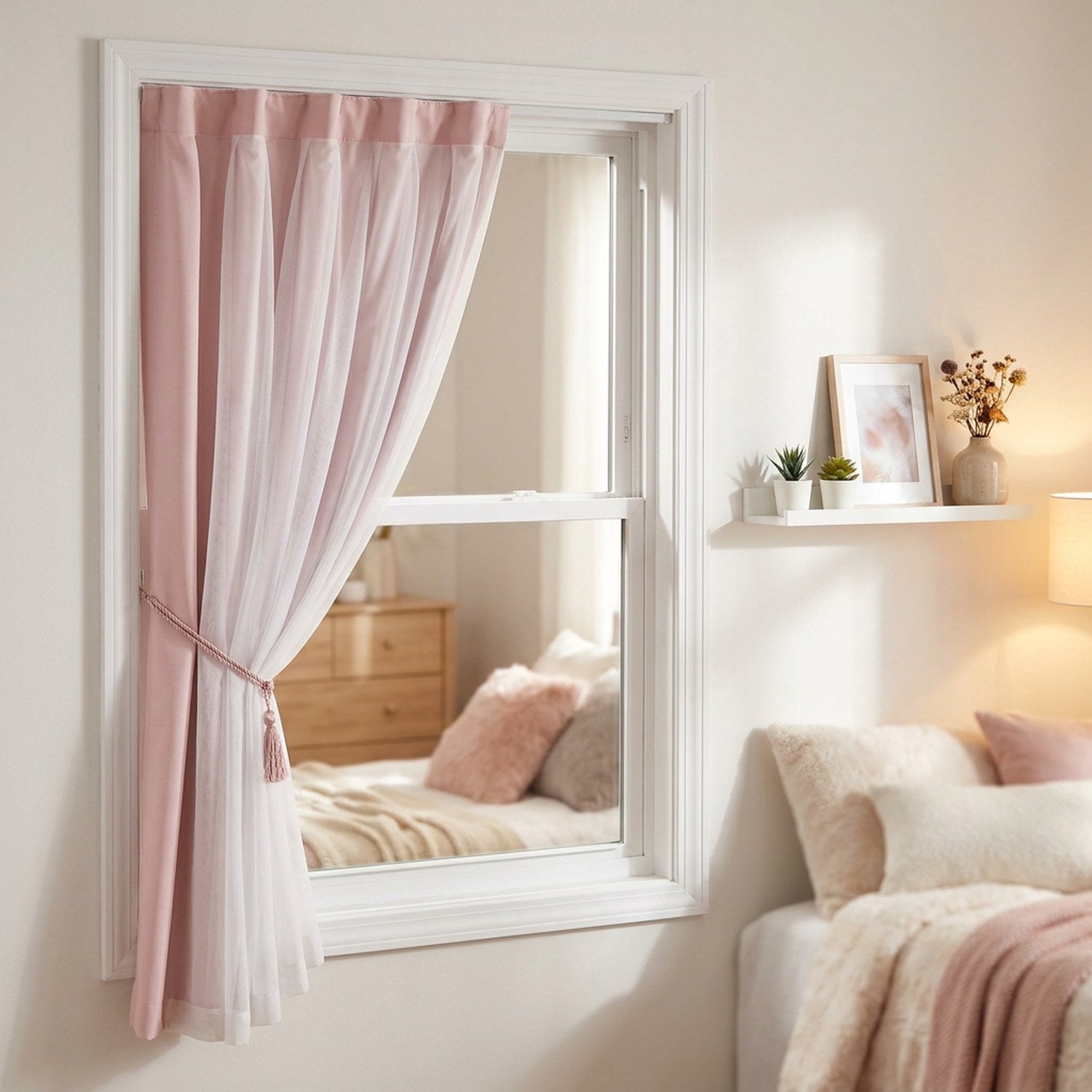 Rideau occultant rose double couche avec voile blanc dans une chambre douce