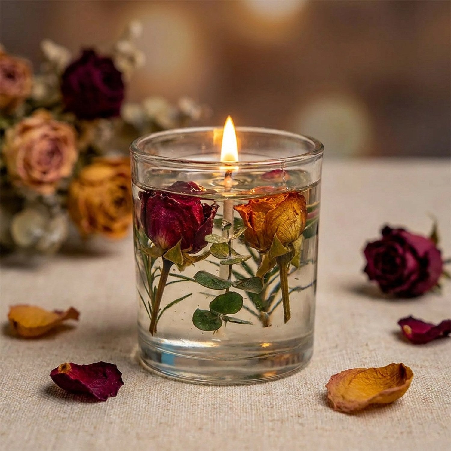 Bougie parfumée Rose roses séchées et eucalyptus dans un verre transparent