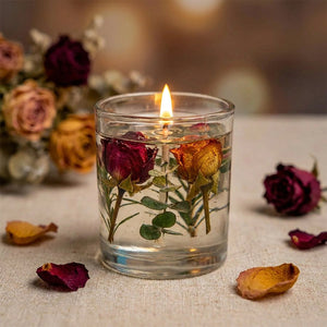 Bougie parfumée Rose roses séchées et eucalyptus dans un verre transparent