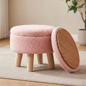 Repose-pieds coffre en velours bouclé rose avec dessus en bois
