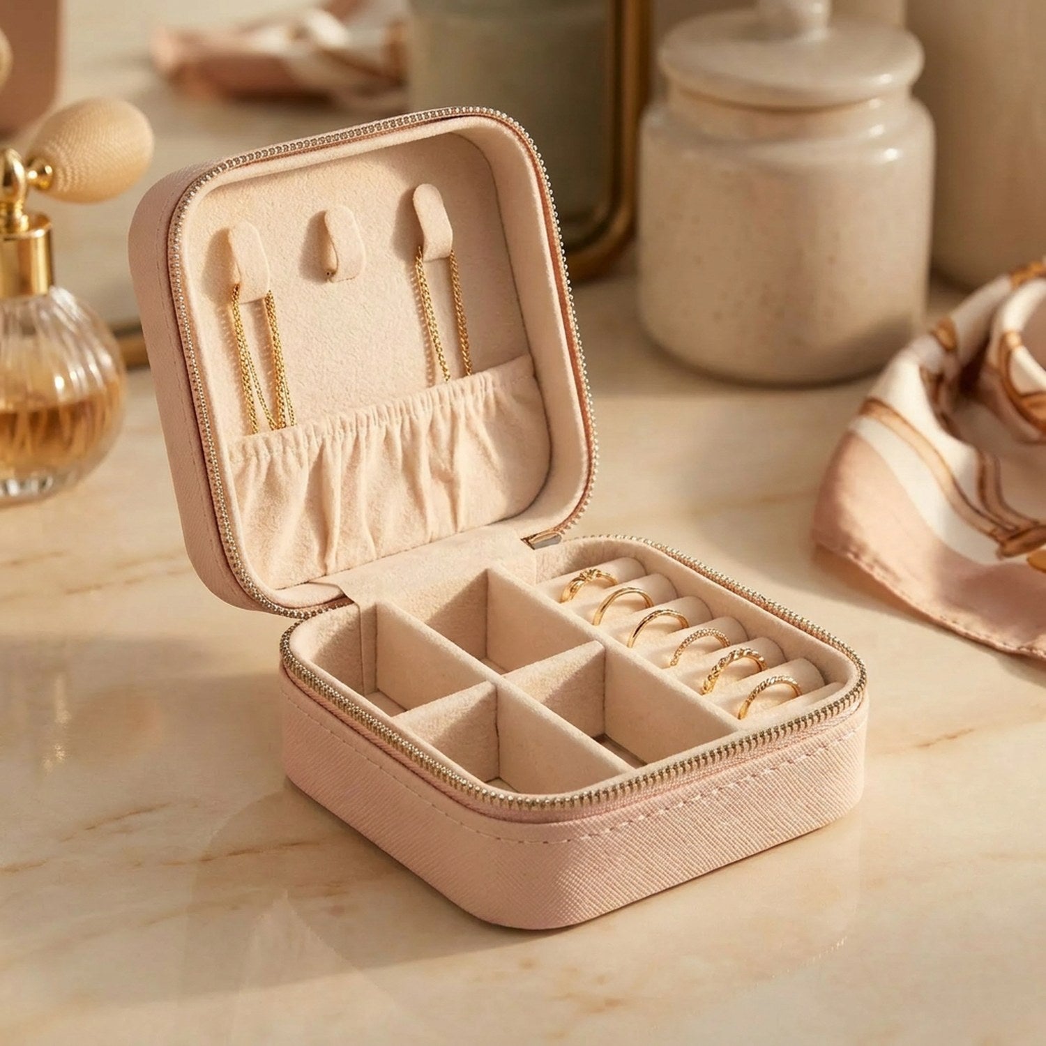 Boîte à bijoux de voyage en cuir rose ouverte avec ses compartiments
