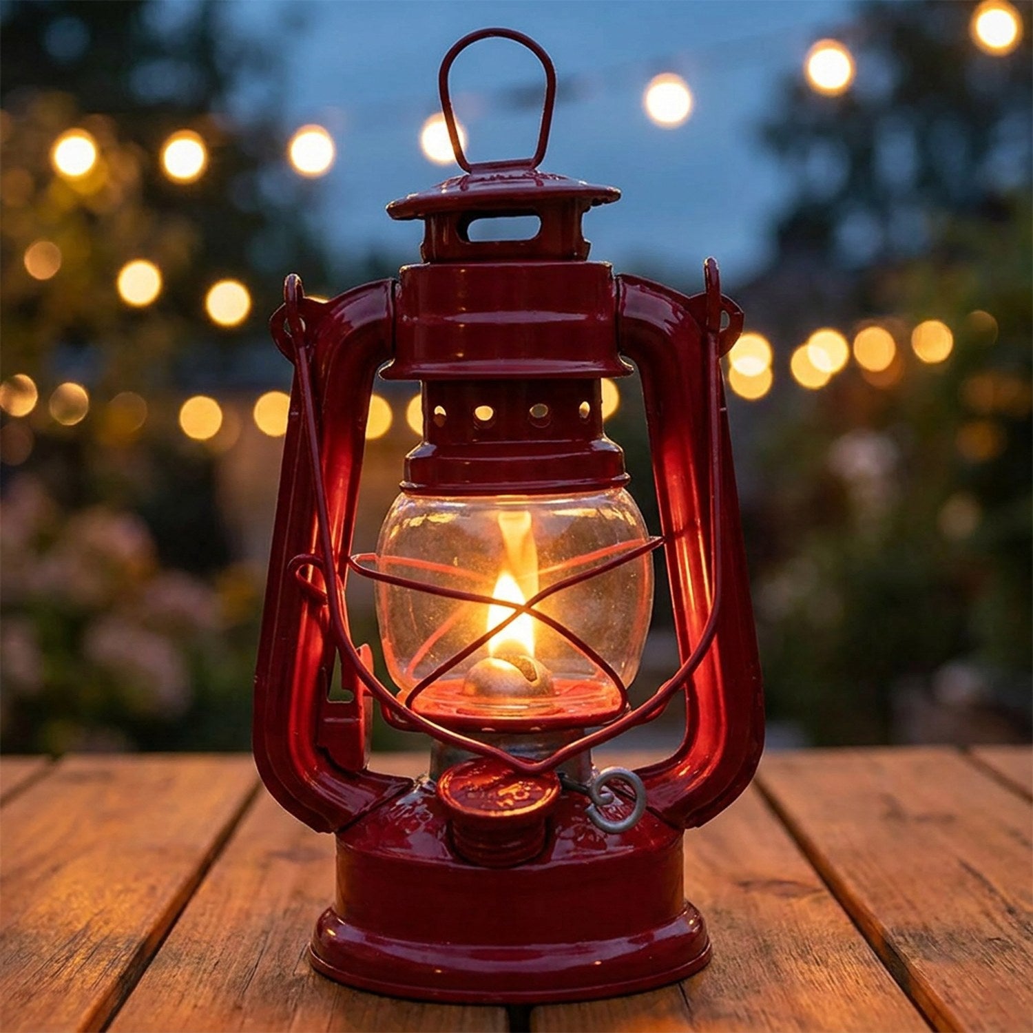 Lanterne à pétrole vintage en métal rouge avec sa flamme allumée
