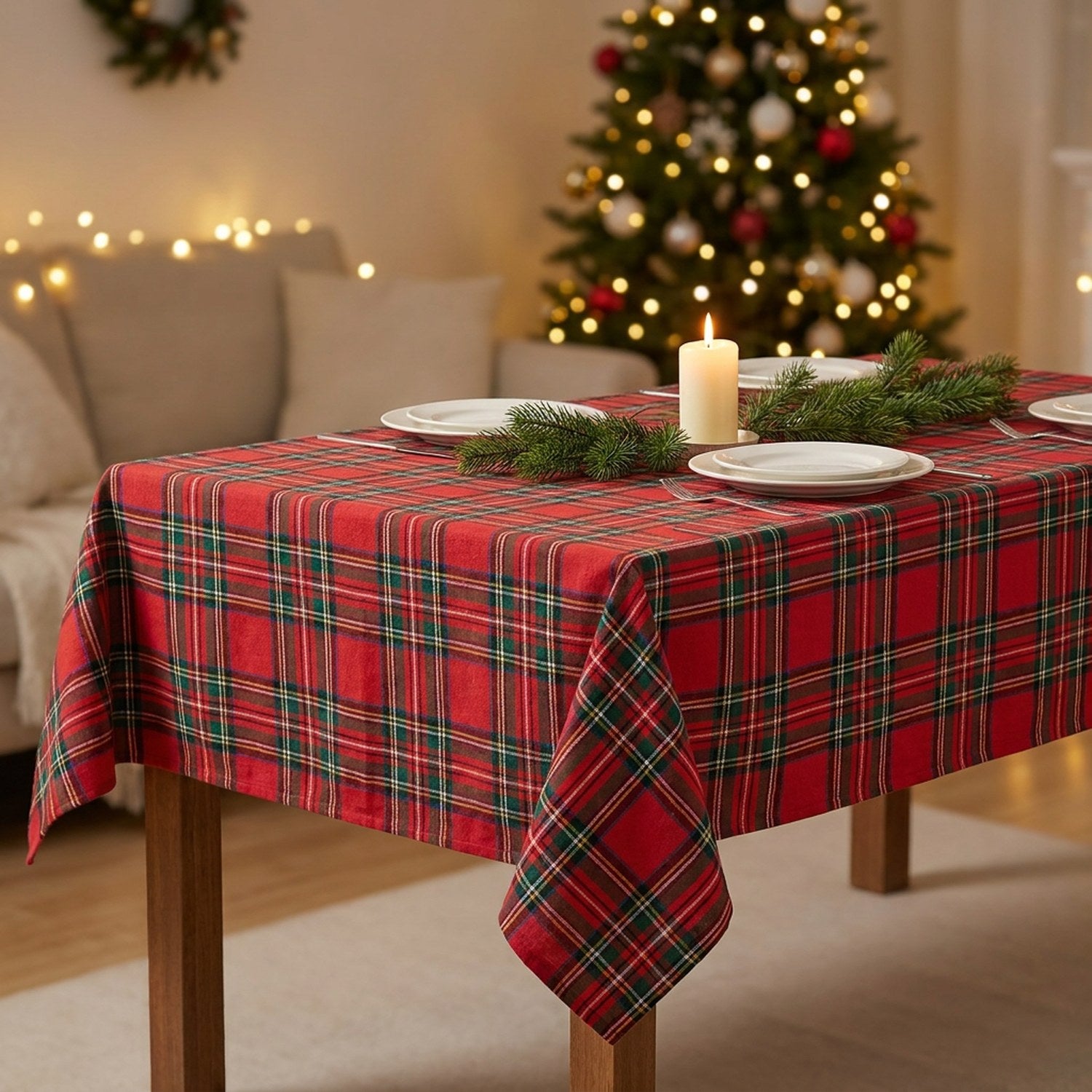 Nappe de Noël à carreaux tartan rouge dressée sur une table de fête avec bougies