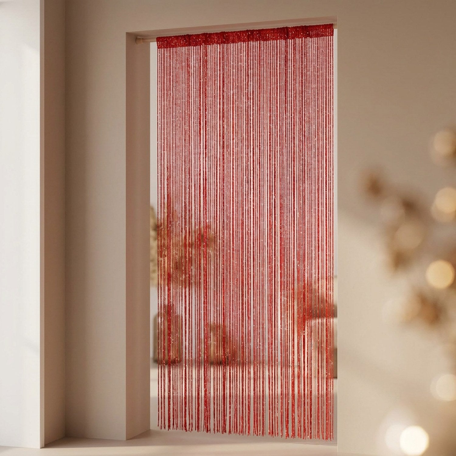 Rideau de porte à perles scintillantes coloris rouge suspendu dans une entrée