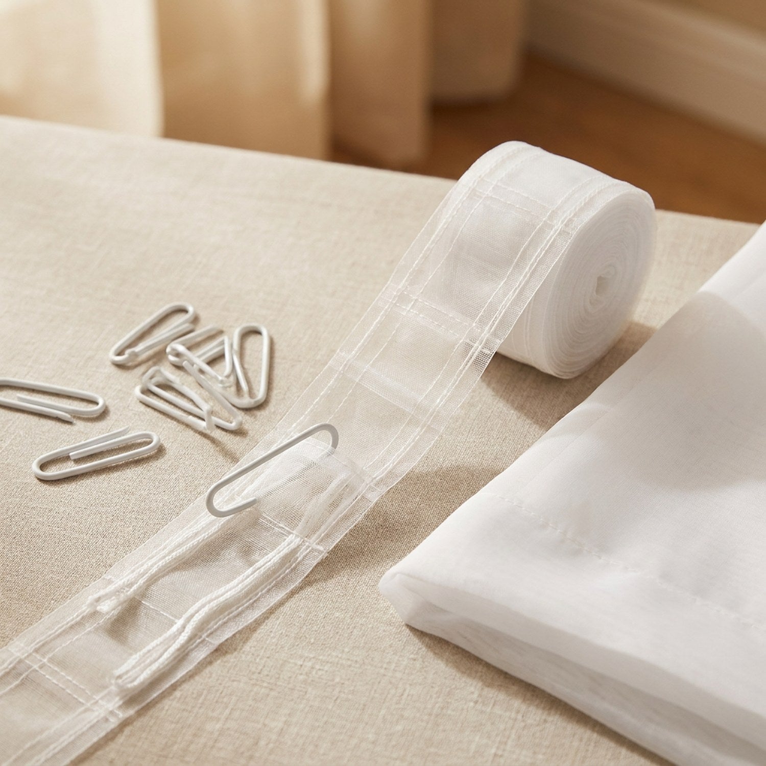 Détail du ruban fronceur transparent avec ses crochets de rideau sur une surface en lin