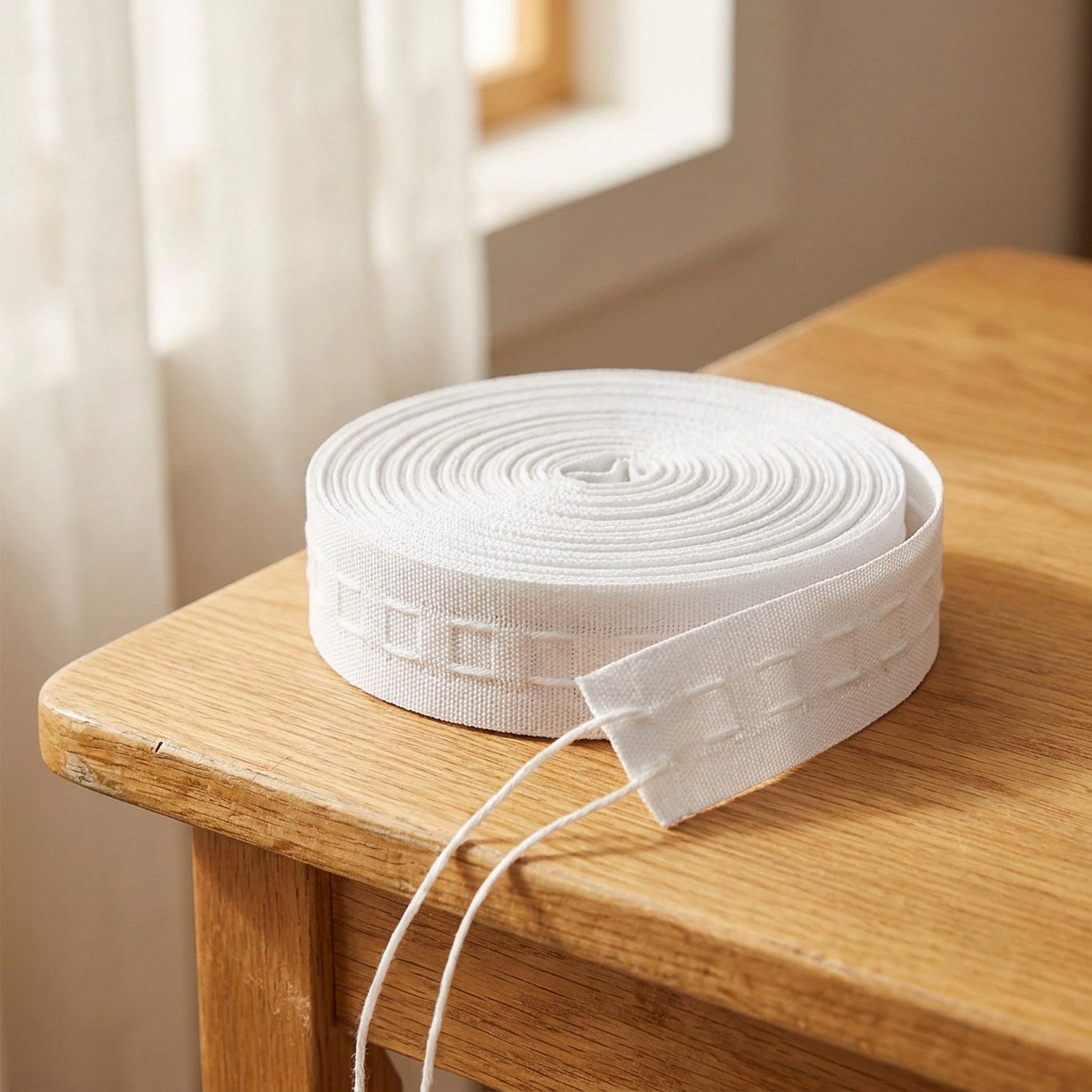 Ruban fronceur blanc pour rideaux enroulé sur une table de couture près d'une fenêtre
