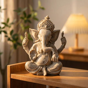 Statue Ganesh en grès naturel teinte beige assise sur une étagère en bois