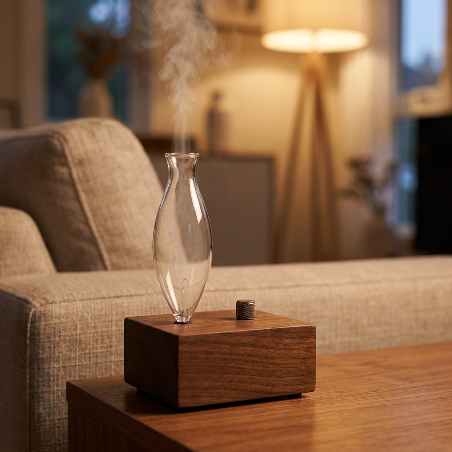 Diffuseur d'huile essentielle en bois et verre sans ampoule diffusant une brume dans un salon