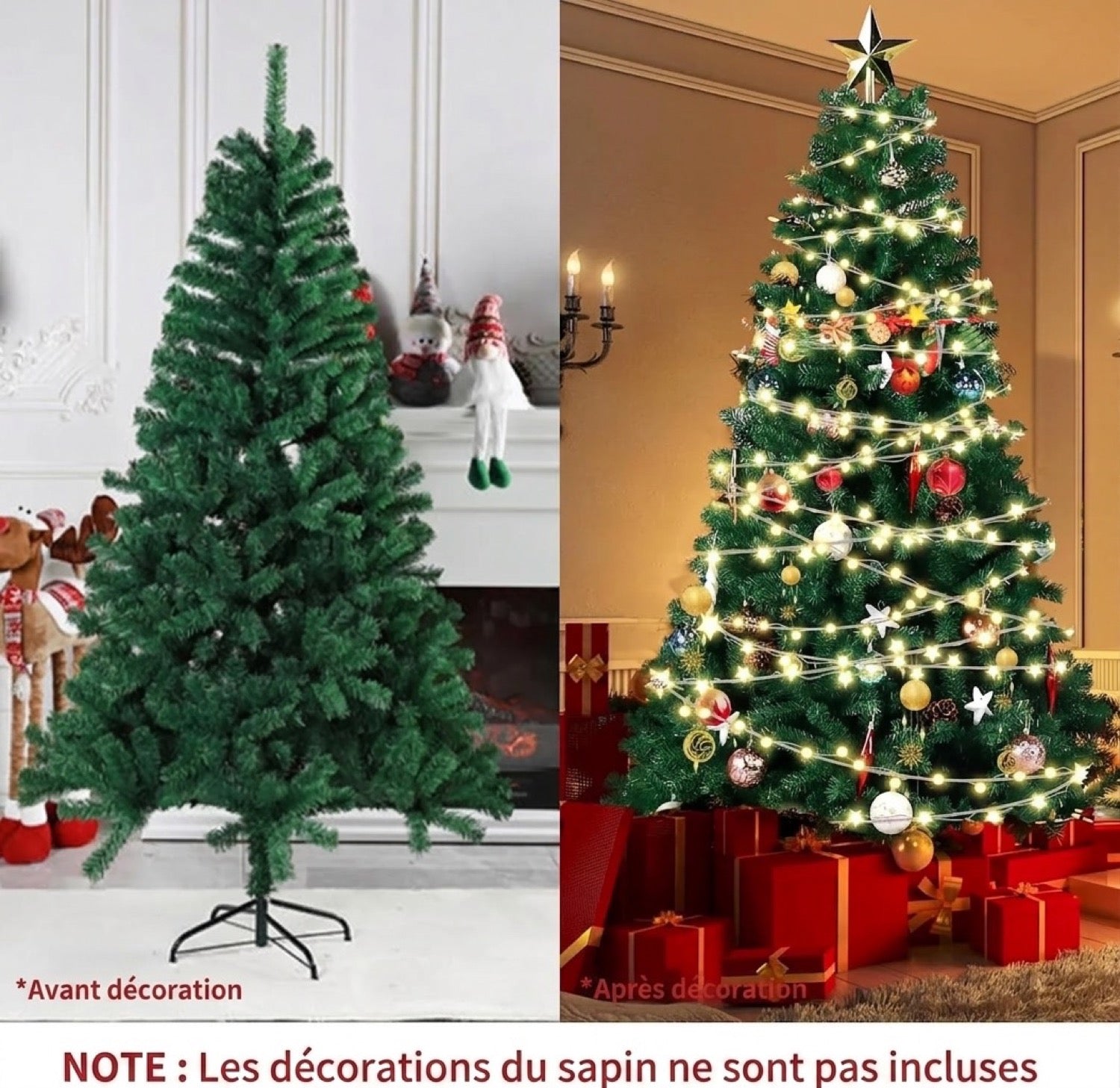 Sapin de Noël artificiel avant et après décoration avec guirlandes et boules