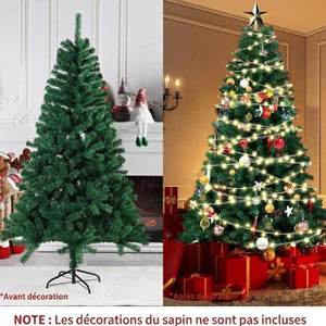 Sapin de Noël artificiel avant et après décoration avec guirlandes et boules