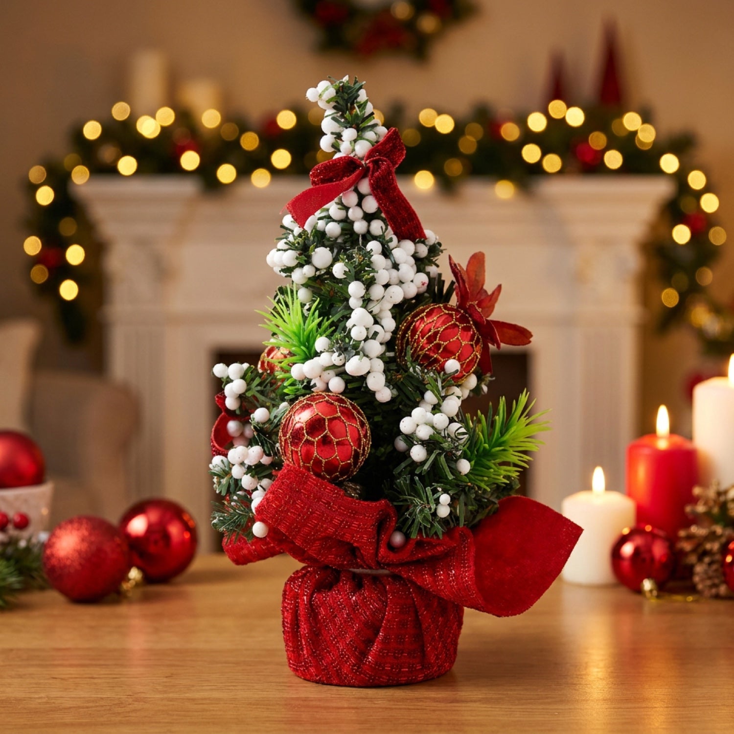 Mini sapin de Noël 20cm coloris rouge en ambiance cheminée chaleureuse