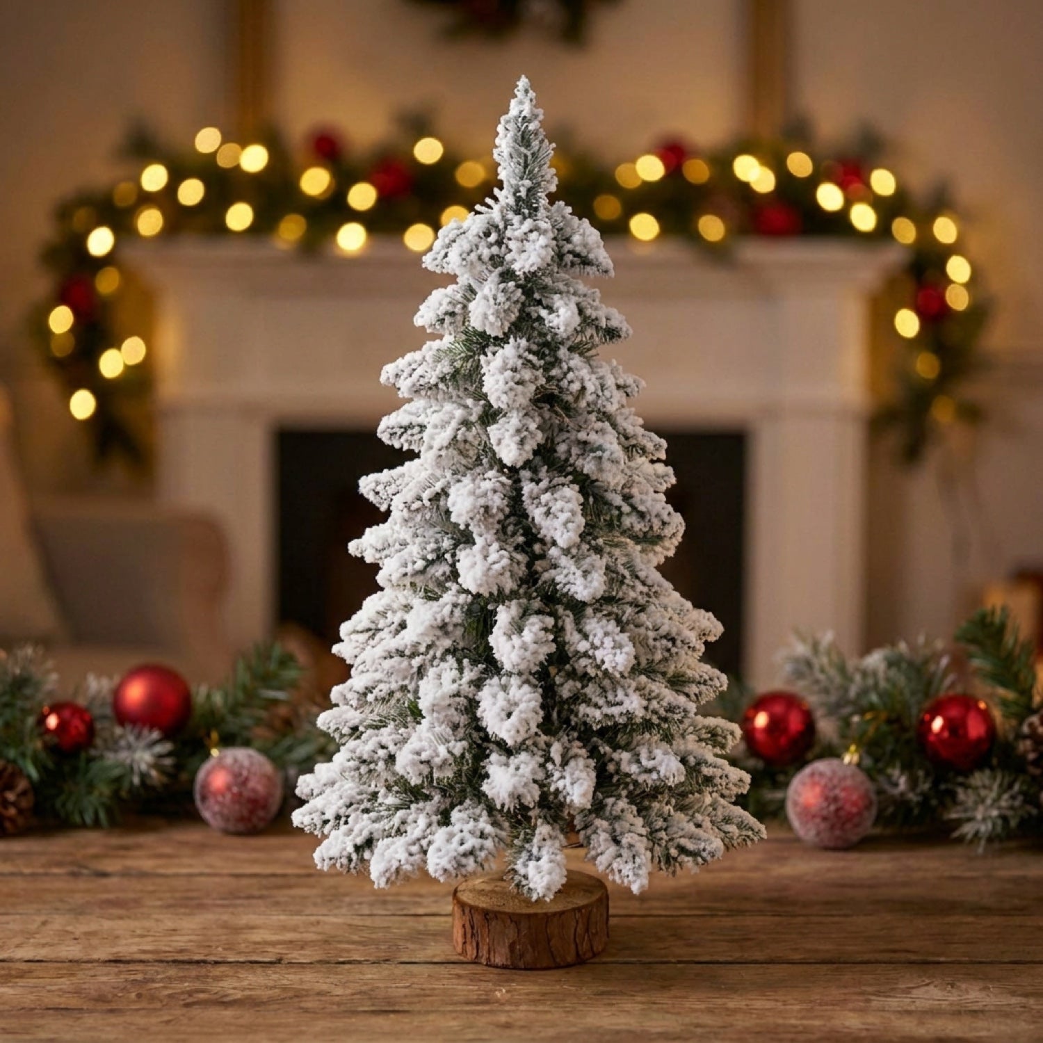 Sapin de Noël 45cm sans lumières dans une ambiance cheminée chaleureuse