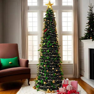 Sapin de Noël accordéon pliable dans un salon avec cheminée et cadeaux de Noël