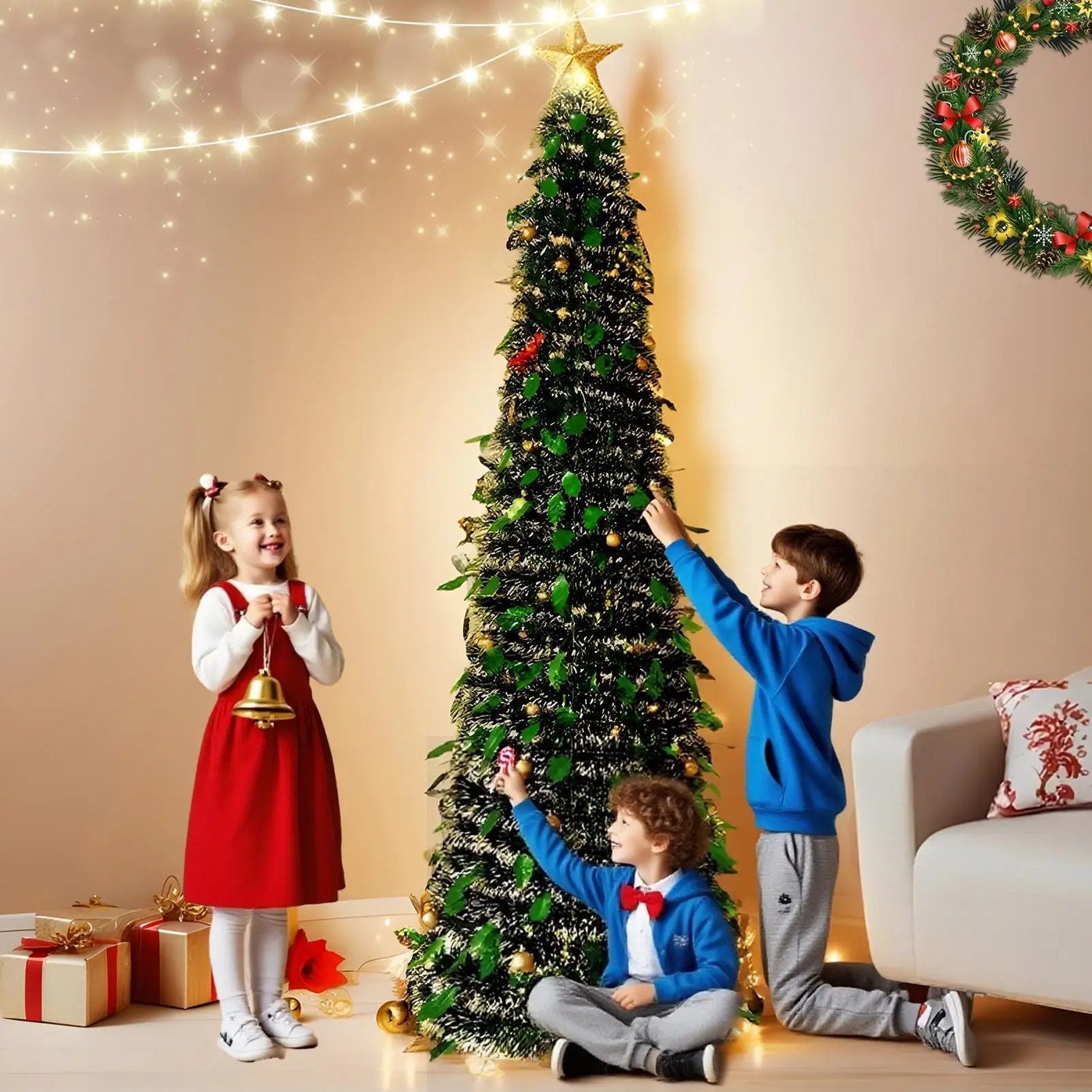 Enfants décorant le sapin de Noël accordéon 150cm en famille