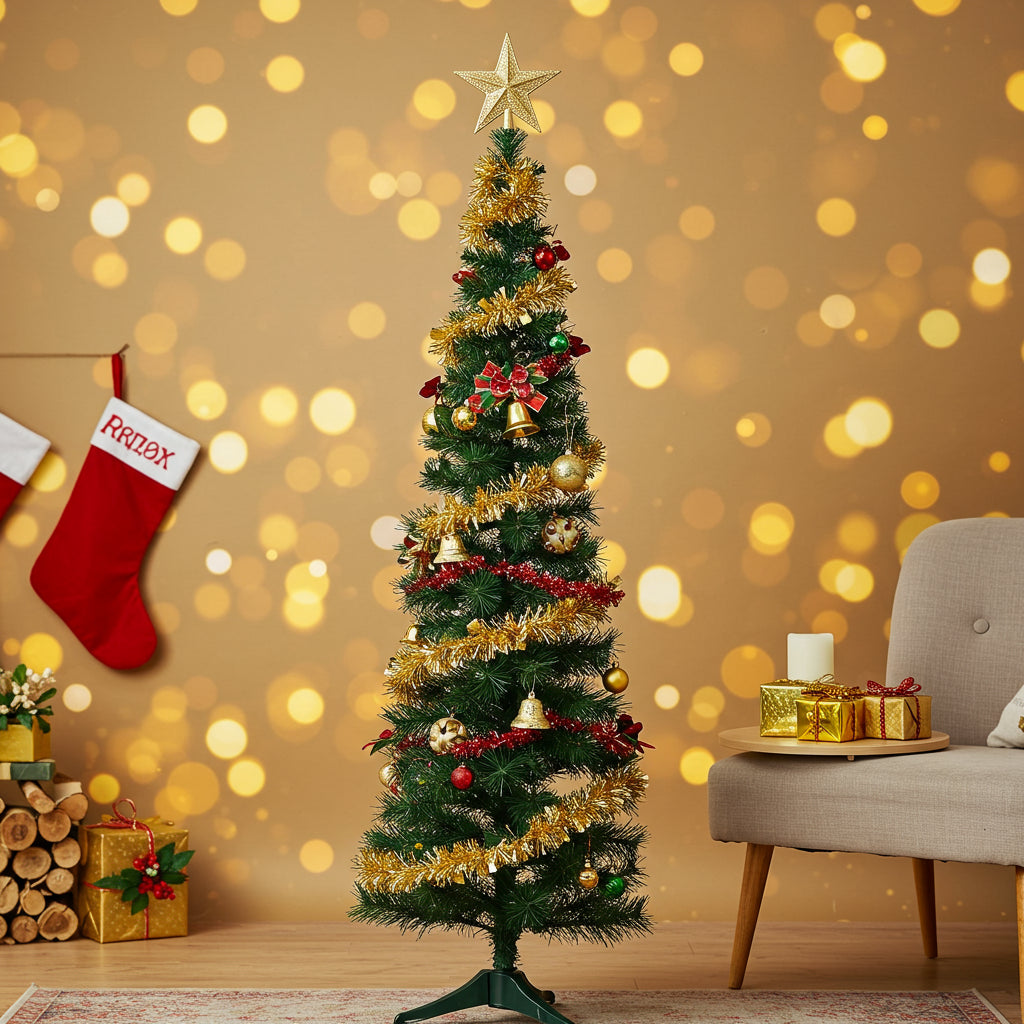 Sapin de Noël accordéon 150cm dans un salon chaleureux avec cheminée et guirlandes lumineuses