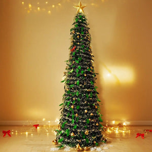 Sapin de Noël accordéon pliable 150cm sur fond doré chaleureux décoré pour les fêtes