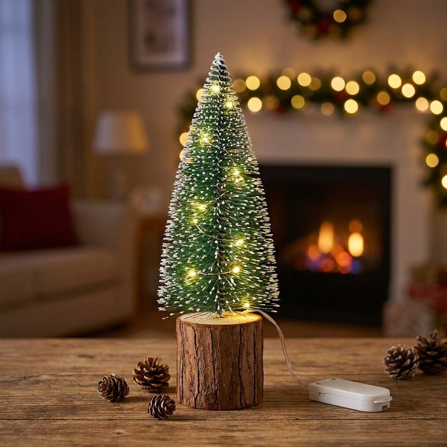 Sapin de Noël miniature LED goupillon givré sur socle rondin de bois avec câble et boîtier à piles devant une cheminée