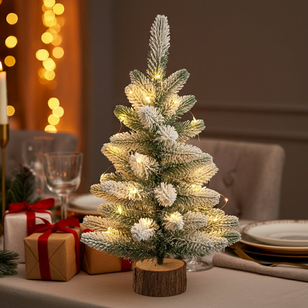 Sapin de Noël 45cm avec LED sur table de fête dressée avec cadeaux